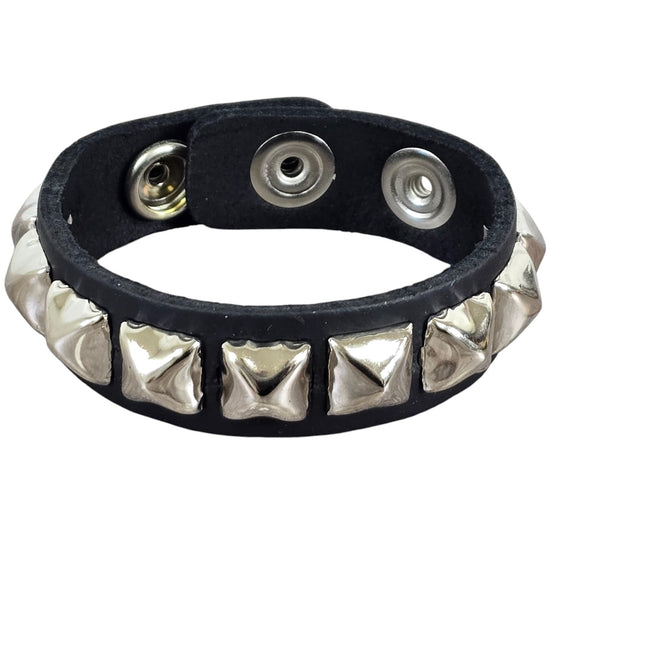 SILVER PYRAMID STUDDED LEATHER  SNAP BRACELET