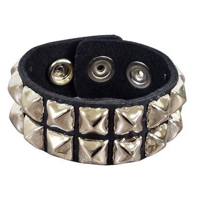 SILVER PYRAMID STUDDED LEATHER  SNAP BRACELET