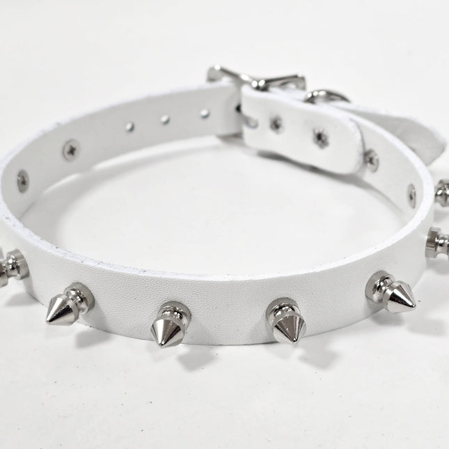 CK134WHITE  WHITE LEATHER SPIKE CHOKER