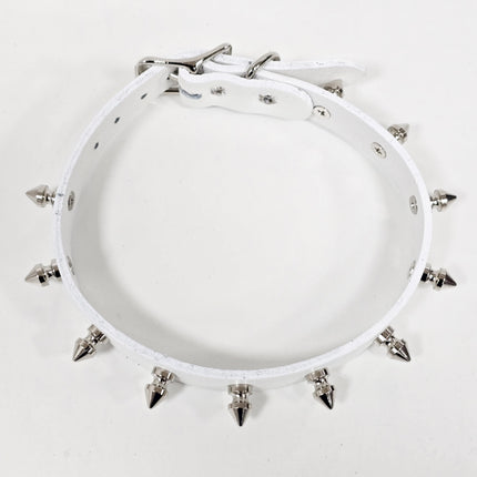 CK134WHITE  WHITE LEATHER SPIKE CHOKER