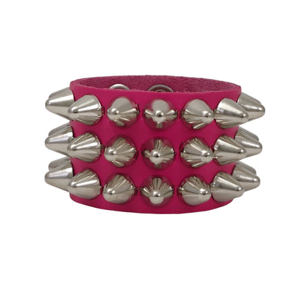 BC127UK-ITL  ITALIAN GENUINE LEATHER THREE  ROW  UK77 CONE STUDDED BRACELET