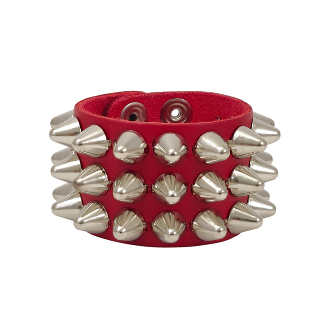 BC127UK-ITL  ITALIAN GENUINE LEATHER THREE  ROW  UK77 CONE STUDDED BRACELET