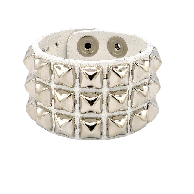 BC127WHT WHITE LEATHER THREE ROW STUDDED BRACELET