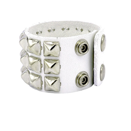 BC127WHT WHITE LEATHER THREE ROW STUDDED BRACELET