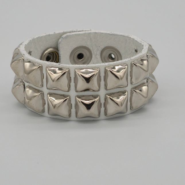 BC112WHT 2 ROW 1/2" BLACK PYRAMID STUD WHITE LEATHER BRACELET