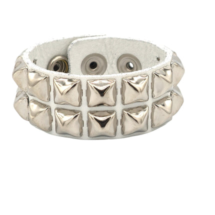 BC112WHT 2 ROW 1/2" BLACK PYRAMID STUD WHITE LEATHER BRACELET