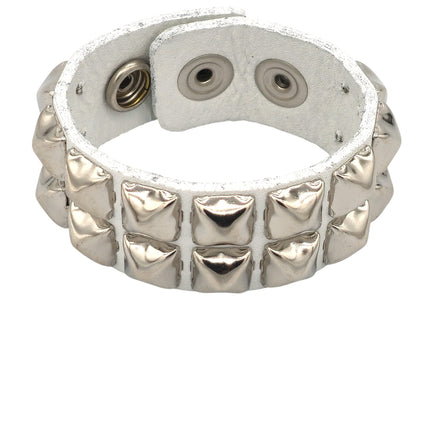 BC112WHT 2 ROW 1/2" BLACK PYRAMID STUD WHITE LEATHER BRACELET