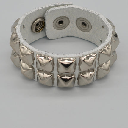 BC112WHT 2 ROW 1/2" BLACK PYRAMID STUD WHITE LEATHER BRACELET