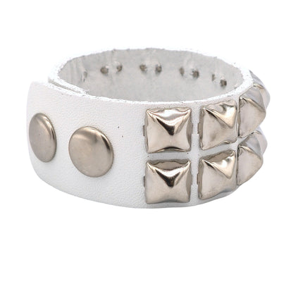 BC112WHT 2 ROW 1/2" BLACK PYRAMID STUD WHITE LEATHER BRACELET