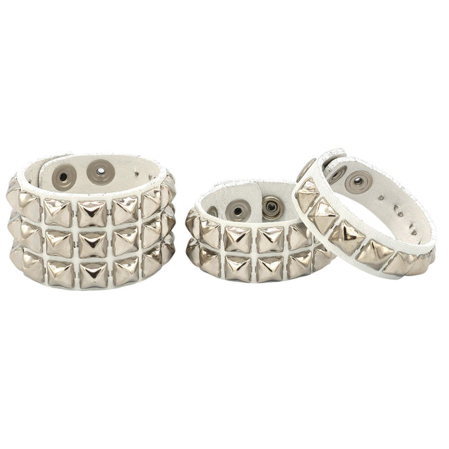 WHITE GENUINE LEATHER STUDDED  SNAP BRACELET