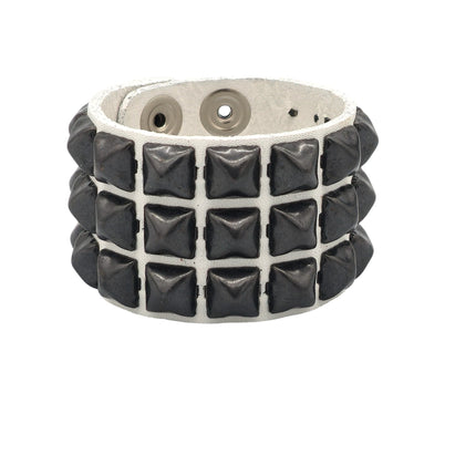BC127WHT WHITE LEATHER THREE ROW STUDDED BRACELET