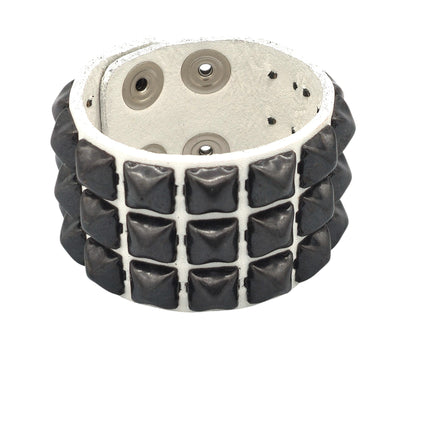 BC127WHT WHITE LEATHER THREE ROW STUDDED BRACELET