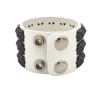BC127WHT WHITE LEATHER THREE ROW STUDDED BRACELET