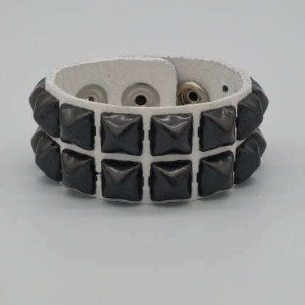 BC112WHT 2 ROW 1/2" BLACK PYRAMID STUD WHITE LEATHER BRACELET
