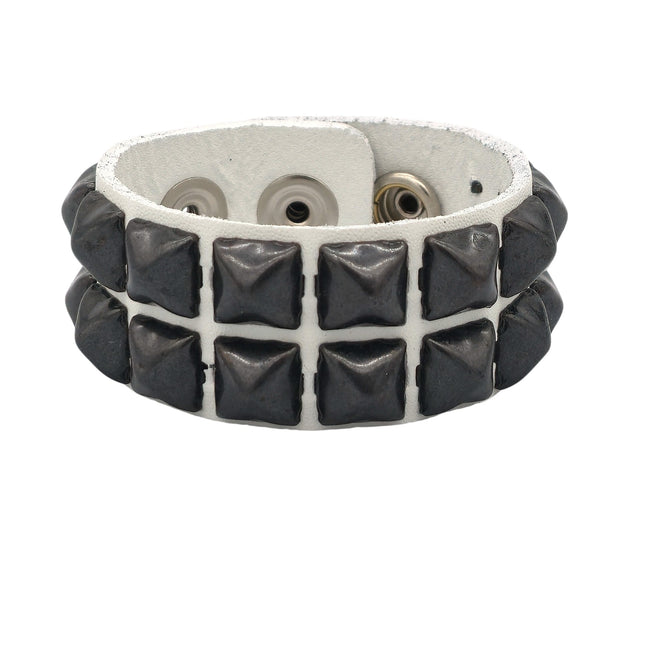 BC112WHT 2 ROW 1/2" BLACK PYRAMID STUD WHITE LEATHER BRACELET