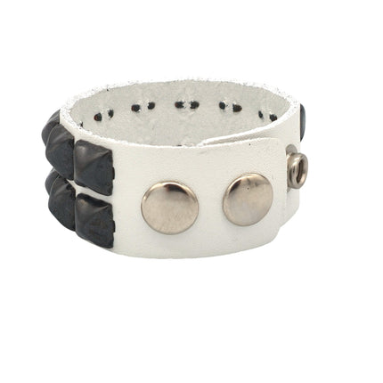 BC112WHT 2 ROW 1/2" BLACK PYRAMID STUD WHITE LEATHER BRACELET
