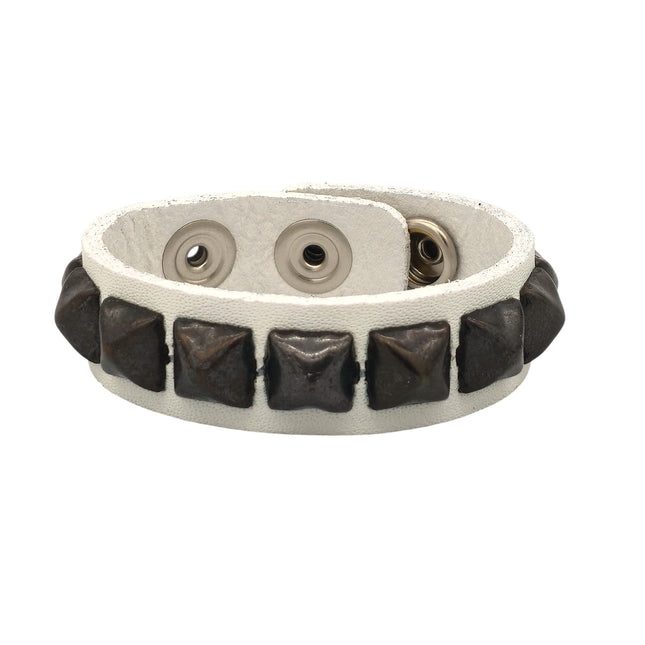 WHITE GENUINE LEATHER BLACK STUDDED  SNAP BRACELET