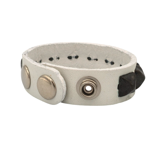 WHITE GENUINE LEATHER BLACK STUDDED  SNAP BRACELET