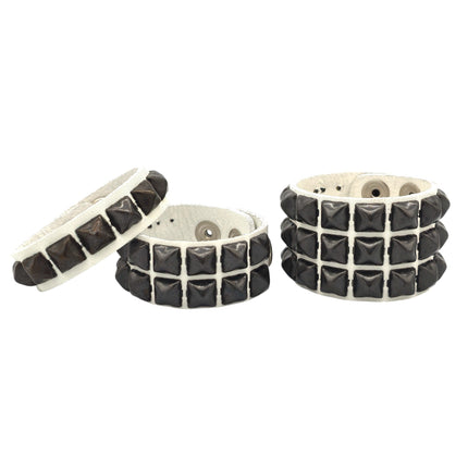 WHITE GENUINE LEATHER BLACK STUDDED  SNAP BRACELET
