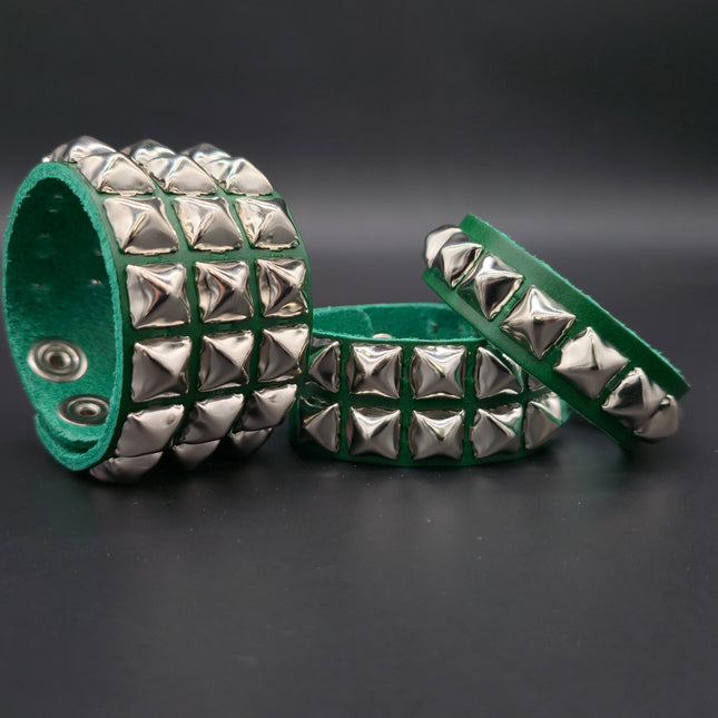 GREEN GENUINE LEATHER  PYRAMID STUDDED LEATHER  SNAP BRACELET