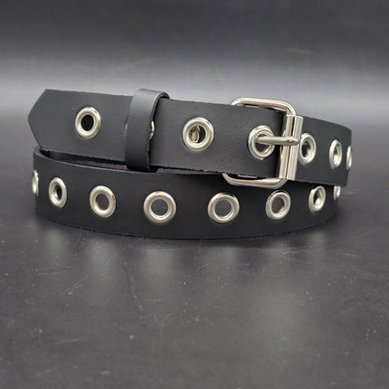 BT127 1 ROW GROMMET EYELET BLACK LEATHER BELT