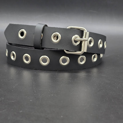 BT127 1 ROW GROMMET EYELET BLACK LEATHER BELT