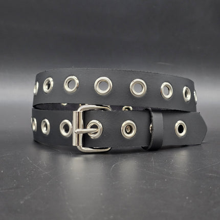 BT127 1 ROW GROMMET EYELET BLACK LEATHER BELT