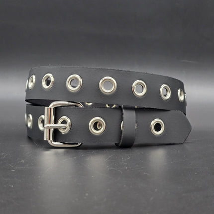 BT127 1 ROW GROMMET EYELET BLACK LEATHER BELT