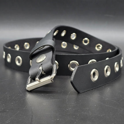 BT127 1 ROW GROMMET EYELET BLACK LEATHER BELT