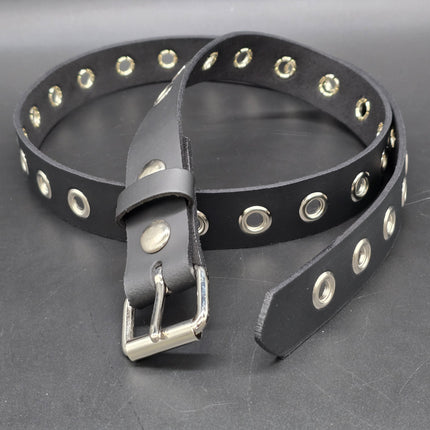 BT127 1 ROW GROMMET EYELET BLACK LEATHER BELT