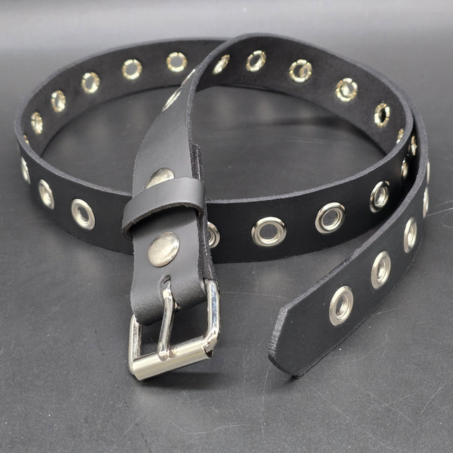 BT127 1 ROW GROMMET EYELET BLACK LEATHER BELT