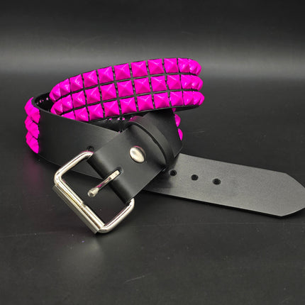 BT104-PS 3 ROW PINK PYRAMID STUDDED BELT, 1 3/4" WIDE