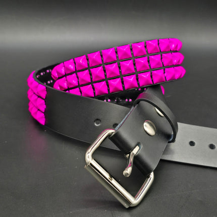 BT104-PS 3 ROW PINK PYRAMID STUDDED BELT, 1 3/4" WIDE