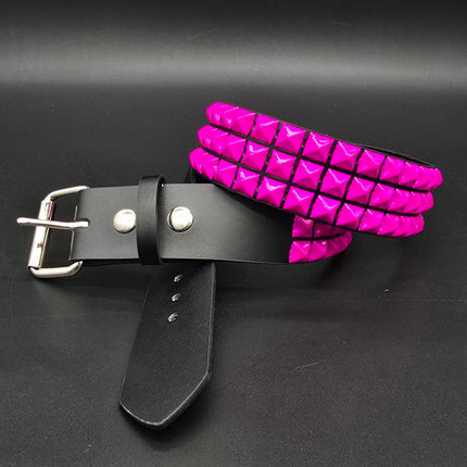 BT104-PS 3 ROW PINK PYRAMID STUDDED BELT, 1 3/4" WIDE