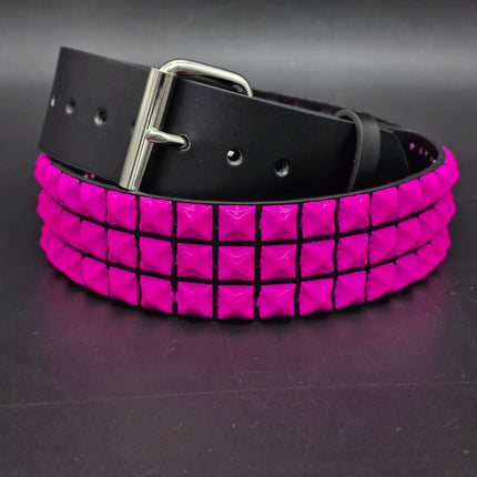 BT104-PS 3 ROW PINK PYRAMID STUDDED BELT, 1 3/4" WIDE