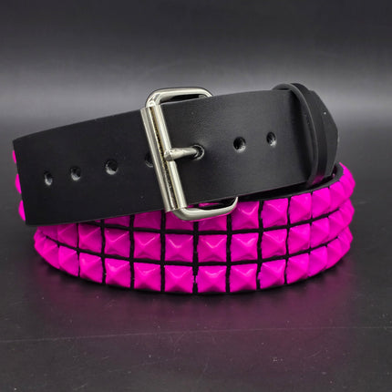 BT104-PS 3 ROW PINK PYRAMID STUDDED BELT, 1 3/4" WIDE