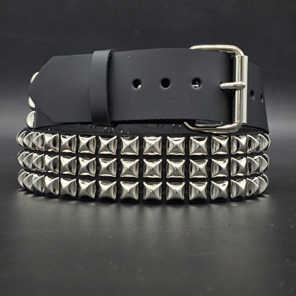 BT104US  FULL GRAIN GRADE A USA TANNERY THREE ROW PYRAMID STUDDED BELT