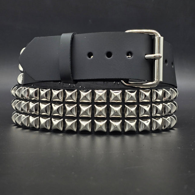 BT104  3 ROW PYRAMID STUD BELT -SNAP OFF ROLLER BUCKLE
