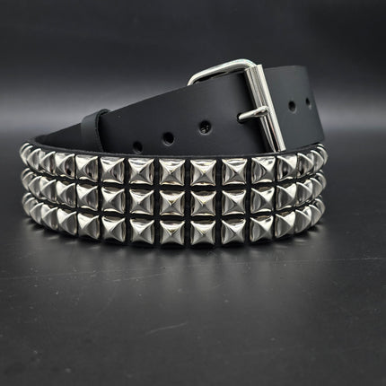 BT104US  FULL GRAIN GRADE A USA TANNERY THREE ROW PYRAMID STUDDED BELT