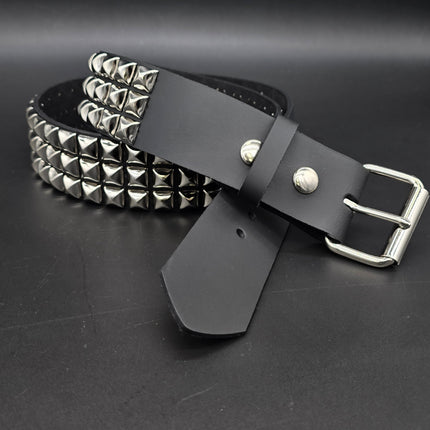 BT104US  FULL GRAIN GRADE A USA TANNERY THREE ROW PYRAMID STUDDED BELT