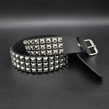 BT104US  FULL GRAIN GRADE A USA TANNERY THREE ROW PYRAMID STUDDED BELT