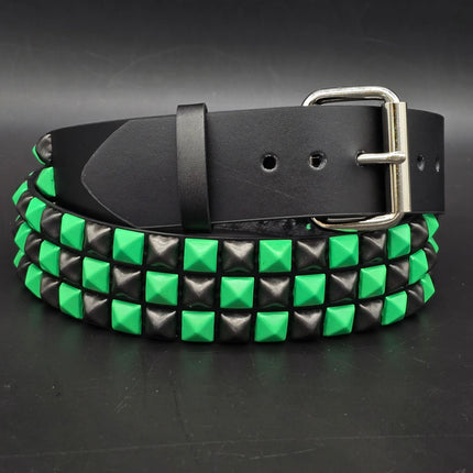 BT555-GS NEON GREEN BLACK CHECKERED PYRAMID STUD BELT