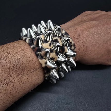 BC127UK77 LEOPARD THREE ROW FUZZY LEOPARD UK77  STUDDED BRACELET CUFF
