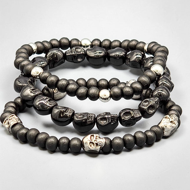 FB3248  3PC SET SKULL BEADS  STRETCH BRACELET