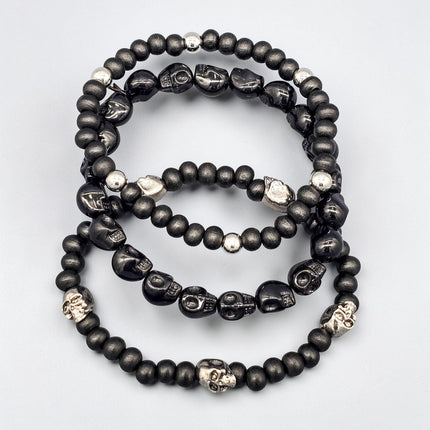 FB3248  3PC SET SKULL BEADS  STRETCH BRACELET