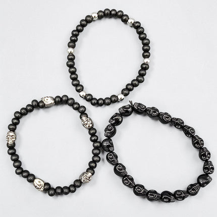 FB3248  3PC SET SKULL BEADS  STRETCH BRACELET