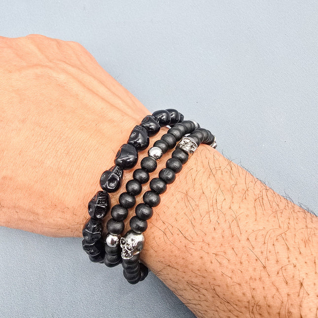 FB3248  3PC SET SKULL BEADS  STRETCH BRACELET