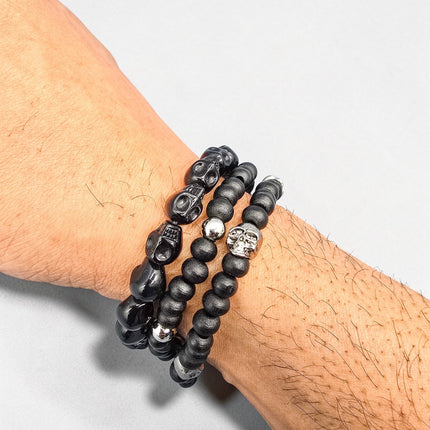 FB3248  3PC SET SKULL BEADS  STRETCH BRACELET