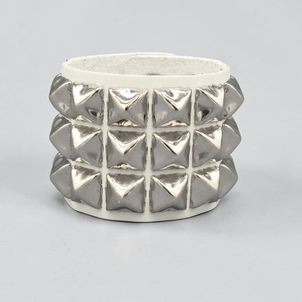 WHITE LEATHER PYRAMID STUDDED LEATHER  SNAP BRACELET