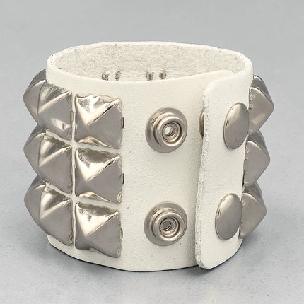 WHITE LEATHER PYRAMID STUDDED LEATHER  SNAP BRACELET